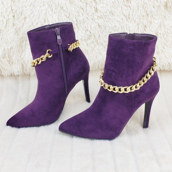 Crave Dark Purple Fx Suede High Heel Ankle Boots With Gold Tone Chain - Picture 1 of 16